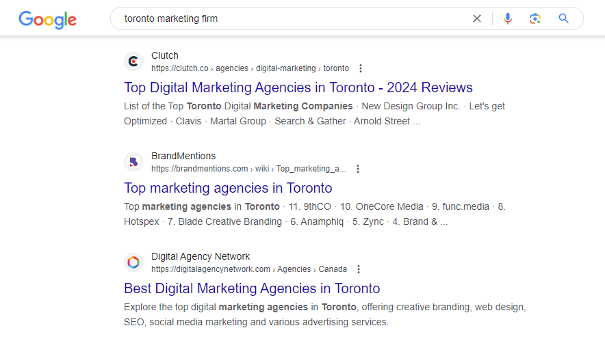 Toronto marketing firm local SERPs